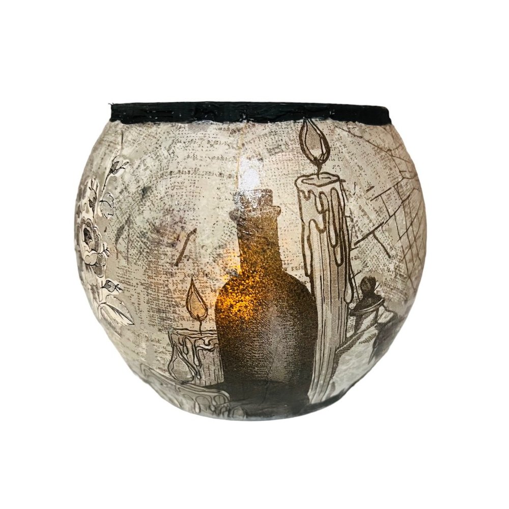 Handmade Halloween Design Glass Dome Candle Holder “Witches Cauldron” Decoupaged - Picture 11 of 13